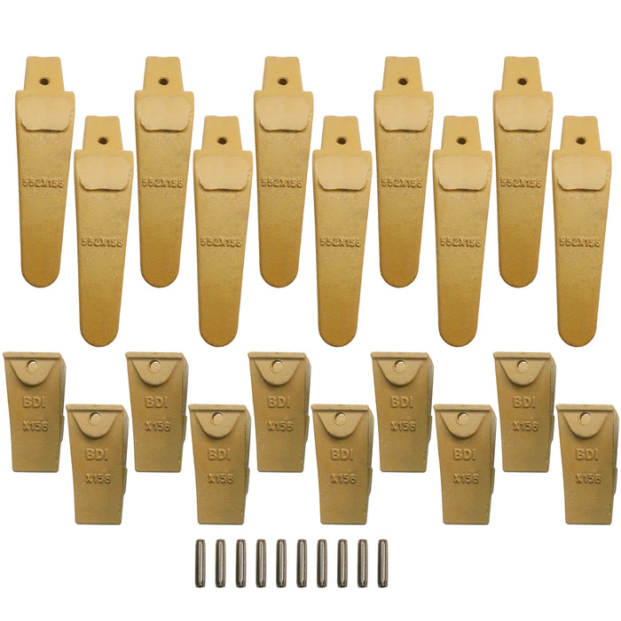 BDI Wear Parts Assembly Adapter 552X156 Bolt On Shank / X156 Bucket Teeth / P156 Flex Pin for Bobcat Skid Steer Caterpillar Hensley Style Mini Excavator - 10 Set