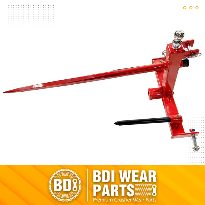 BDI Wear Parts Heavy Duty 3 Point Hitch Receiver with 48” Hay Bale Spear and 2 Stabilizers Spear, 3000lbs Capacity 2" Trailer Hitch for Category 1 Tractors with Trailer Ball Gooseneck Drawbar