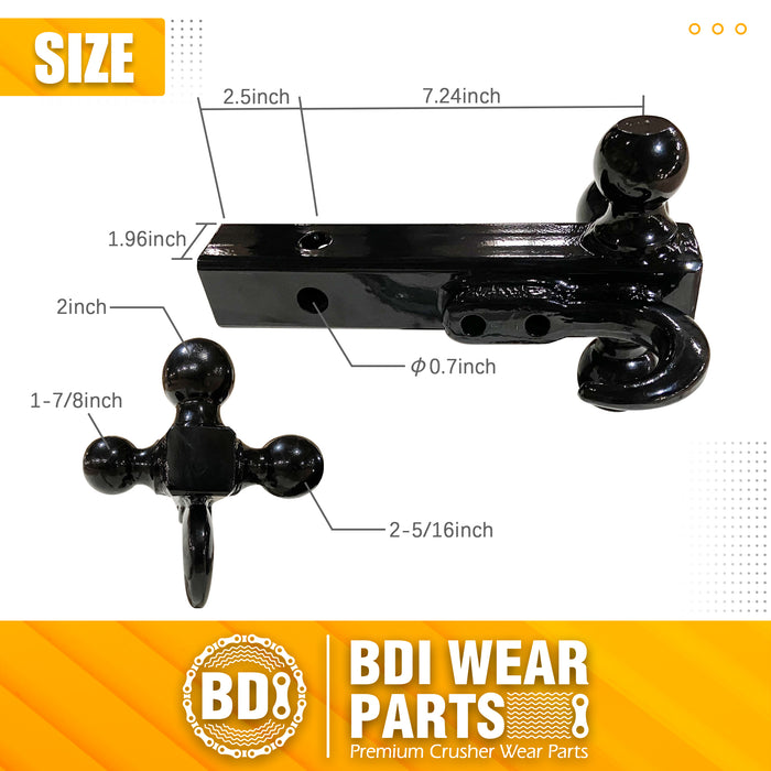 BDI Wear Parts 2" Trailer Receiver Hitch Tri Ball Mount with Hook and Pin, Sized 1-7/8"(MAX GTW 2000 lbs), 2" (MAX GTW 6000 lbs), 2-5/16" (MAX GTW 7500 lbs) Black Plated Balls, Hitch Ball, Tow Hitch