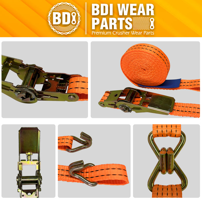 BDI Wear Parts 1" x16' Ratchet Straps Tie Down 3000LBS Break Strength, 800 LBS Working Load, Double J Hook Heavy Duty Cargo Strap for Moving Appliances, Lawn Equipment, Hauling, Trailer - 4 Pack