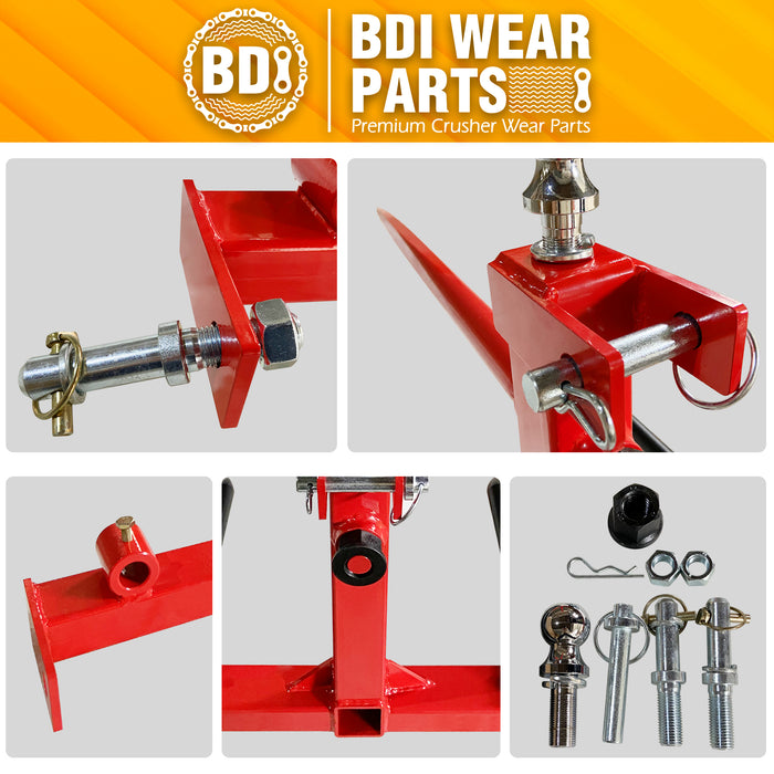 BDI Wear Parts Heavy Duty 3 Point Hitch Receiver with 48” Hay Bale Spear and 2 Stabilizers Spear, 3000lbs Capacity 2" Trailer Hitch for Category 1 Tractors with Trailer Ball Gooseneck Drawbar