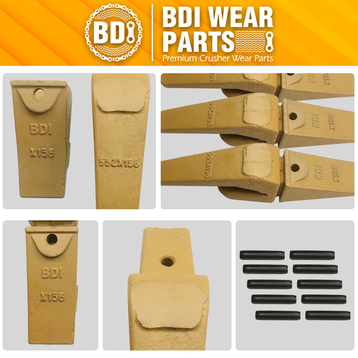 BDI Wear Parts Assembly Adapter 552X156 Bolt On Shank / X156 Bucket Teeth / P156 Flex Pin for Bobcat Skid Steer Caterpillar Hensley Style Mini Excavator - 10 Set