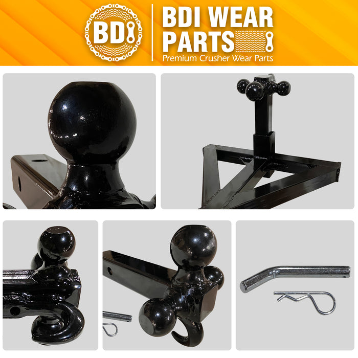 BDI Wear Parts 2" Trailer Receiver Hitch Tri Ball Mount with Hook and Pin, Sized 1-7/8"(MAX GTW 2000 lbs), 2" (MAX GTW 6000 lbs), 2-5/16" (MAX GTW 7500 lbs) Black Plated Balls, Hitch Ball, Tow Hitch