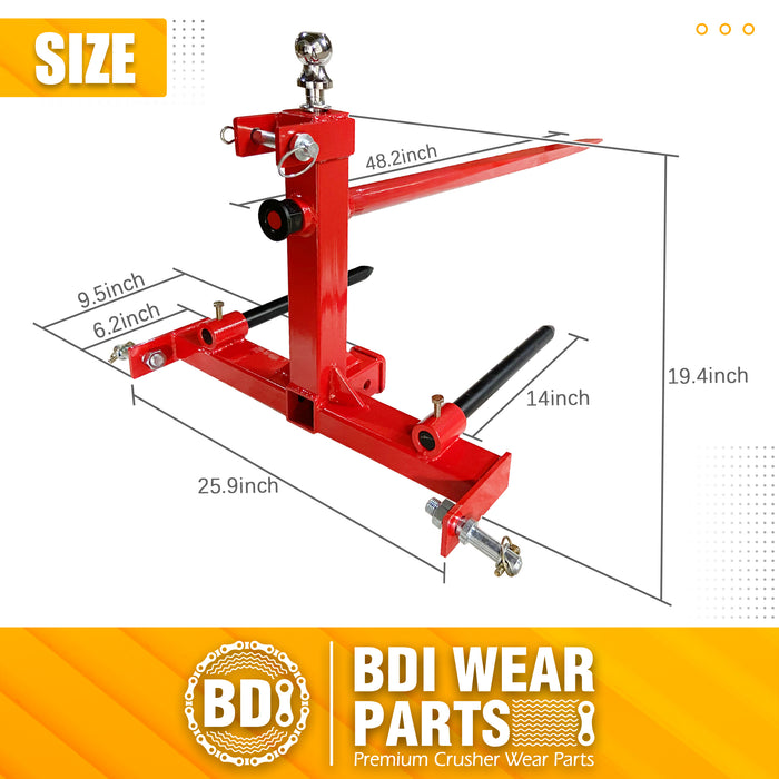 BDI Wear Parts Heavy Duty 3 Point Hitch Receiver with 48” Hay Bale Spear and 2 Stabilizers Spear, 3000lbs Capacity 2" Trailer Hitch for Category 1 Tractors with Trailer Ball Gooseneck Drawbar